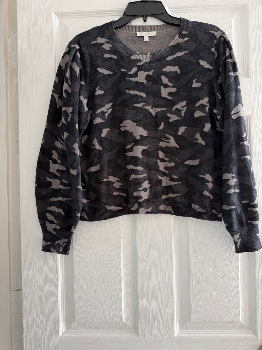 JOIE Verna Camo Cashmere Blend Sweater in black and grey, featuring a soft crewn